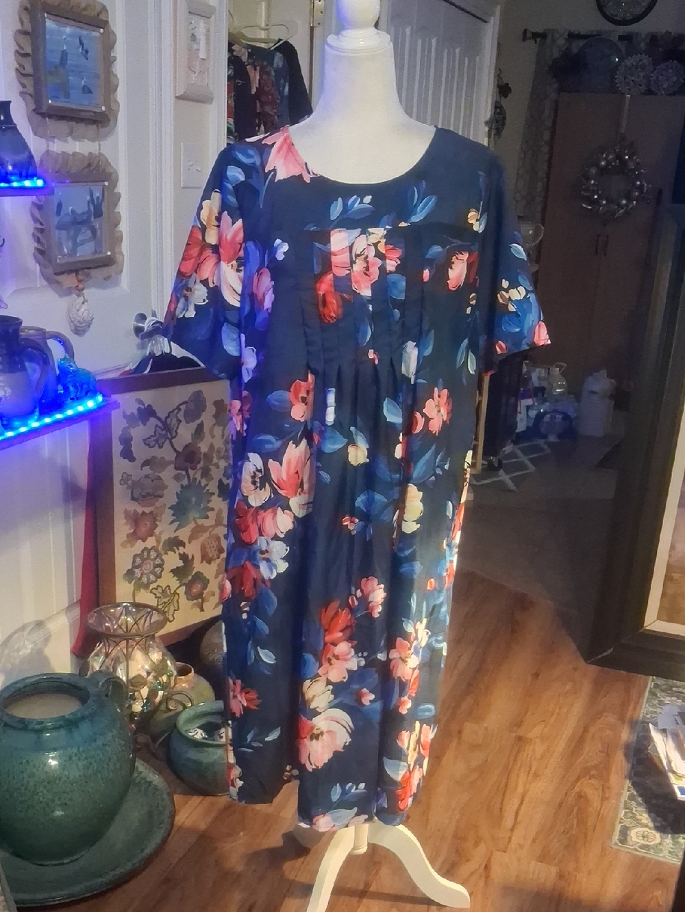 A New Navy Floral Midi Dress with Pleated Front